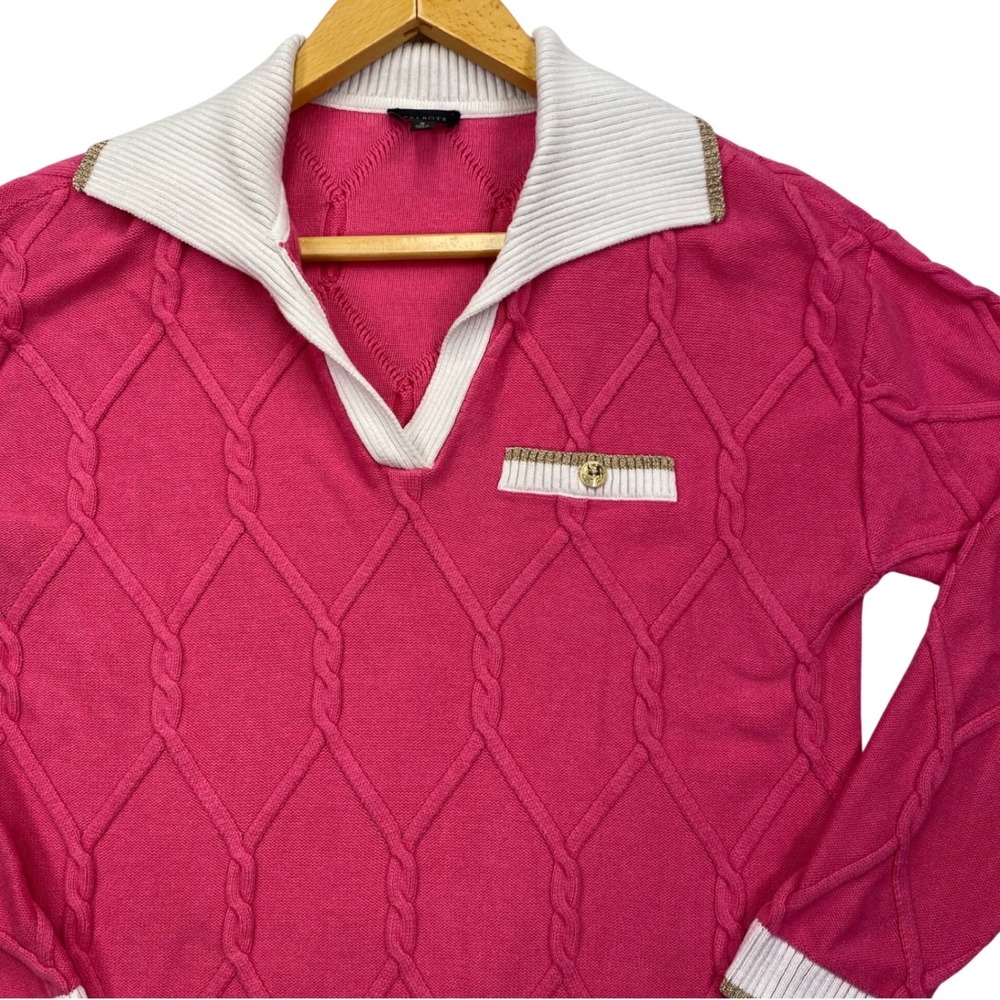 Talbots Lattice Cable Knit Sweater Mens M Pink White Gold Metallic Johnny Collar